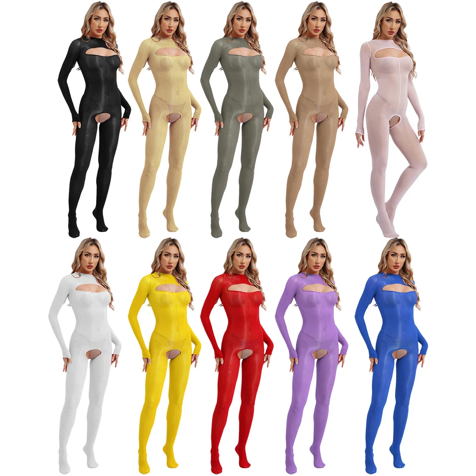 Damen Bodysuit Langarm Bodystockings Glänzend Catsuit Verlockend Strumpfhosen - Bild 3 von 4