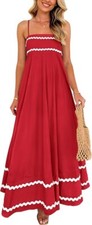 Womens Red Maxi Dress With White Trim Spaghetti Straps Elastic Shirred Back Slee