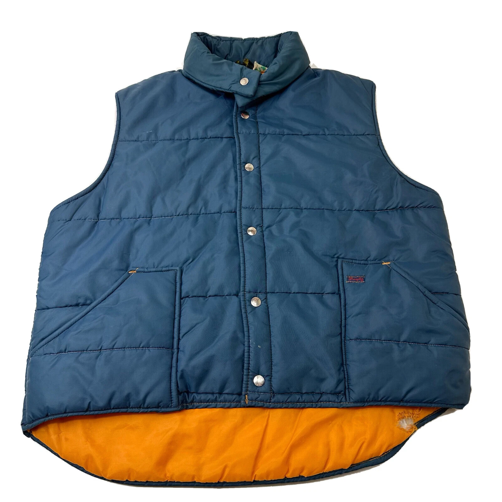 Vintage 70s Wrangler Outerwear Men's XL Blue Orange Puffer Button Camping Vest