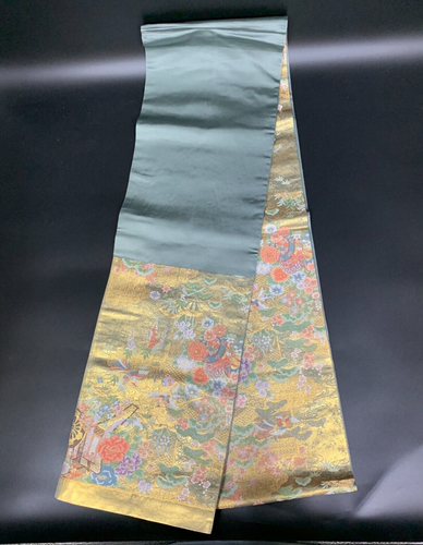 Japanese kimono Belt, Vintage Fukuro Obi with Gold Floral Cart Phoenix Pattern - Picture 4 of 10
