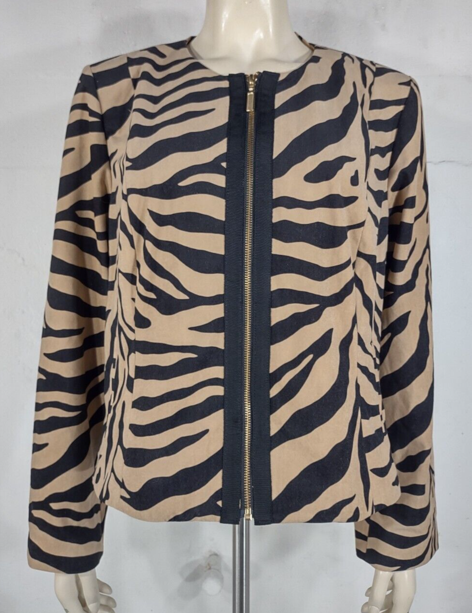 Giacca nuova con etichette Chico's Faith Pony Stripe Arabian Camel nera marrone chiaro stampa zebrata taglia 2