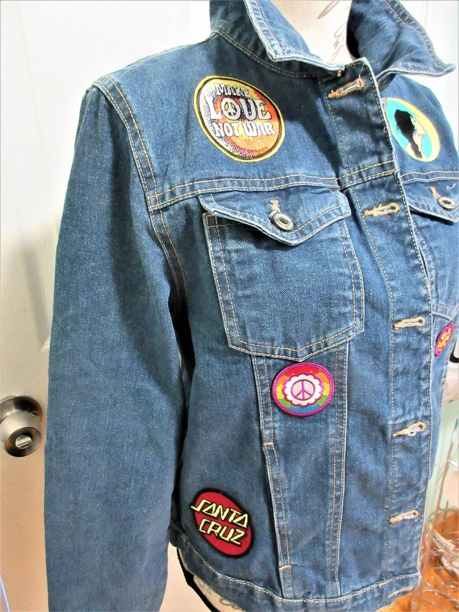 MAKE LOVE Not War Custom Denim Jacket w/embroidered patches Santa Cruz Womens 10