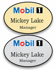 1 GOLD 1 SILVER OVAL MOBIL 1 PERSONALIZED NAME BADGES MAGNETIC FASTENER
