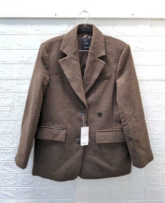 New Mango Women's Double Breasted Check Suit Jacket Brown Sz M