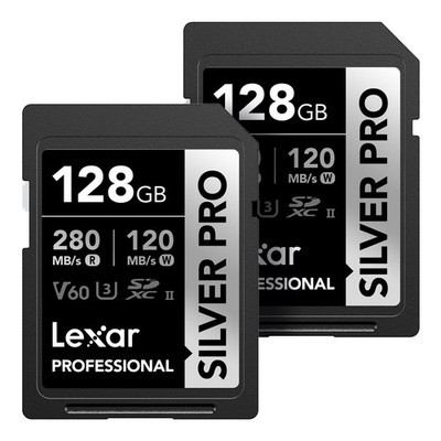 Lexar 128GB (2-PK) Professional SILVER PRO SD Card, UHS-II, C10, U3, V60, Full H