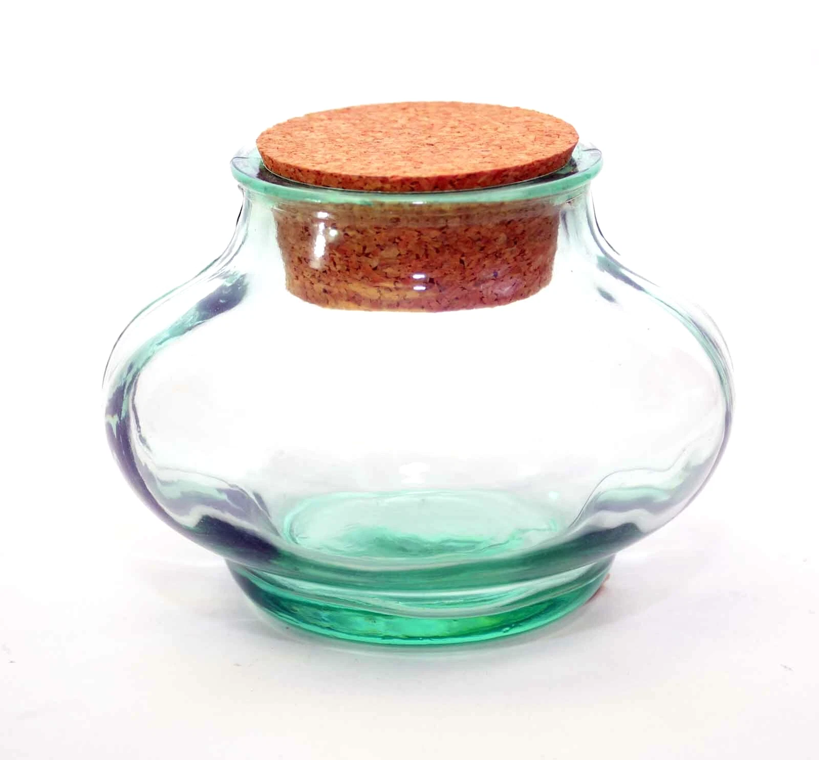 Spanish Green Recycled Glass Pumpkin Shape Spice Jar with Cork-10 oz., Set of 6