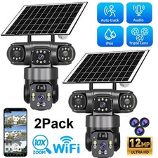 2x 3 Lens 12MP Solar Battery Home Security Camera Outdoor Wifi Wireless PTZ CCTV