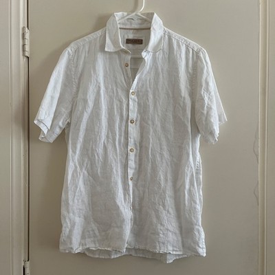 Mens 100% Linen Button Up Shirt Large Short Sleeves Coastal Yacht Beach Vacation