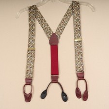 Vintage Silk Suspenders Geometric Leather Button On Style Adjustable USA