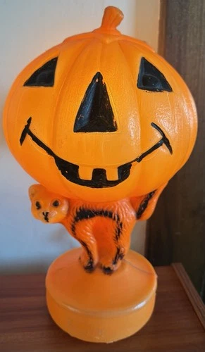 Vintage General Foam 14" Halloween Pumpkin Jack O Lantern W/Cat Blow Mold Light