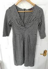Phase Eight Dress 10 Black White Dogtooth Wrap Effect V-Neck Stretchy Back Zip