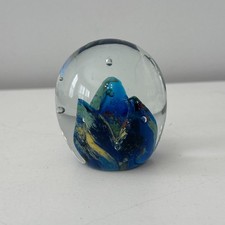 Vintage Art Glass Paperweight Hand Blown 3.5” Egg Shaped Blue Red Yellow