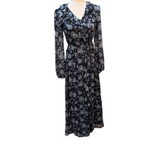 Joie Black Blue Floral Chiffon Ruffle Faux Wrap Maxi Dress Womens XS Long Sleeve