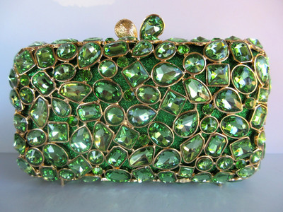 Natasha Green Glass Crystal Evening Clutch Minaudiere Gold Tone Bag Chain NWT