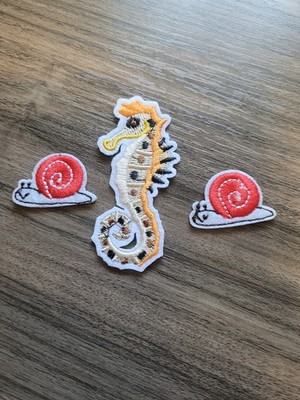 3 Embroidery Cloth Iron on/Sew on Patches, Appliques, 1 Seahorse and 2 Snails.