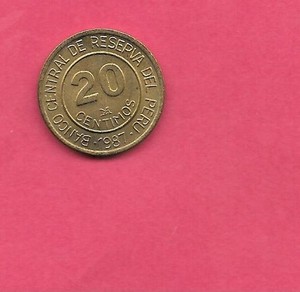 PERU PERUVIAN KM294 1987 UNCIRCULATED-UNC MINT OLD 20 CENTIMOS BRASS COIN