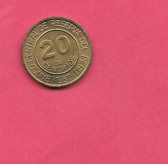 PERU PERUVIAN KM294 1987 UNCIRCULATED-UNC MINT OLD 20 CENTIMOS BRASS COIN