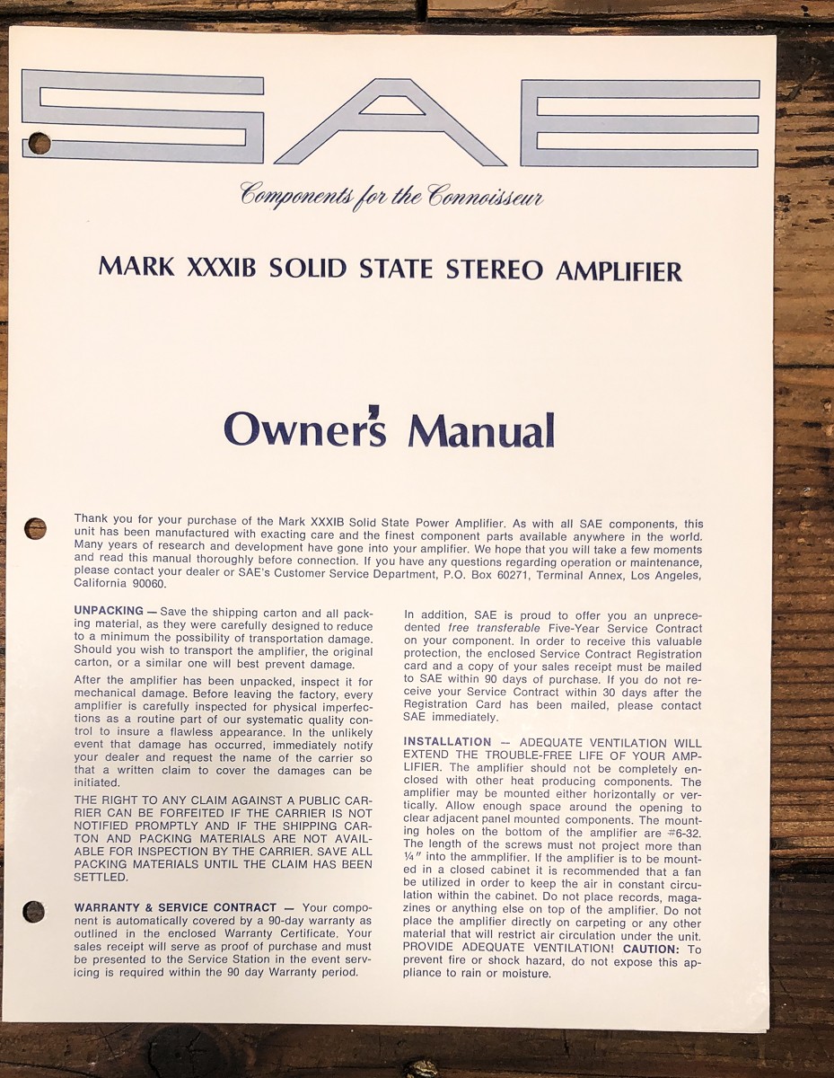 SAE MARK XXXIB / 31B Amplifier Owners / User Manual *Original*