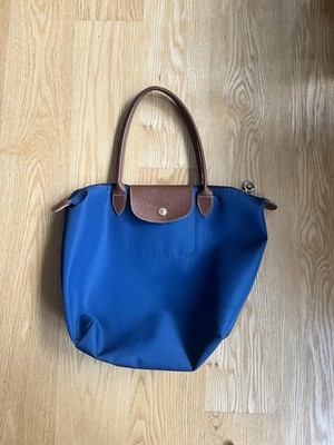 Long Champ La Pliage Medium Navy Blue Tote Bag Brown Handle Leather