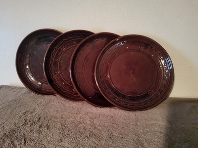 4 MarCrest Daisy & Dot Plates Dinner 9.5  Brown Stoneware Chop Ovenproof Vtg