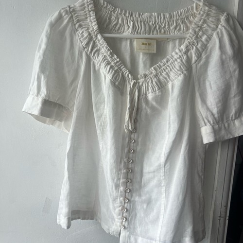 Maeve Anthropologie weiße gesmokte Bluse Puffärmel Knopfleiste 6