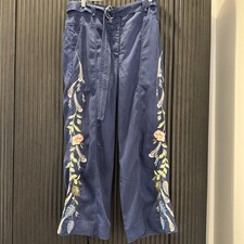 Johnny Was Workshop EMIKA BELTED WIDE LEG PANT NAVY Embroidered Floral Size Med