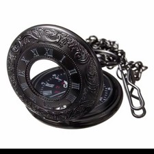 Vintage Black Roman Numeral Quartz Pocket Watch Necklace