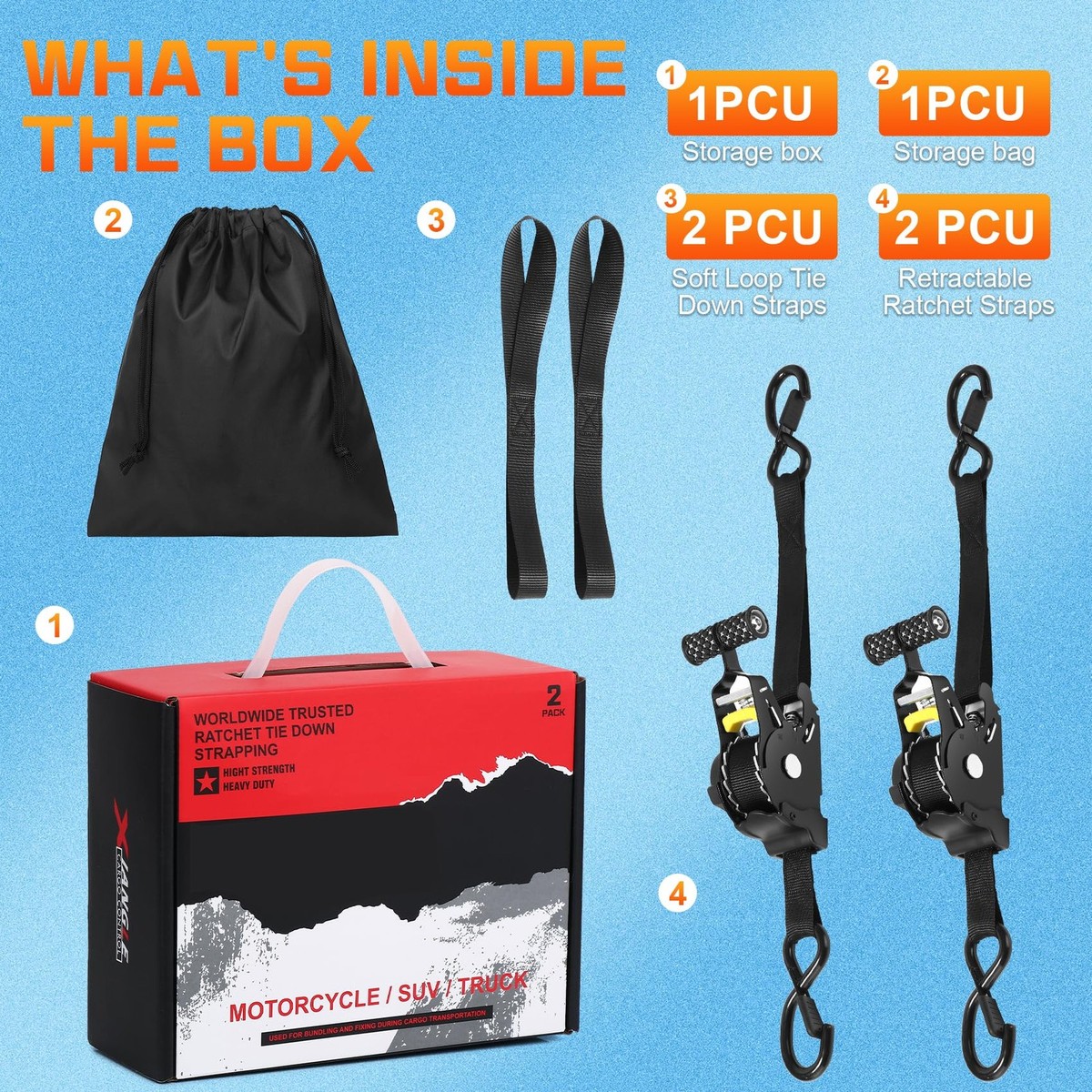 Auto-Retractable Ratchet Tie Down Straps – 2-Pack, 1 X 10', 1,500 Lb Break Strength, Non-Slip Padded Handles, With Storage Bag & 2 Soft Loops