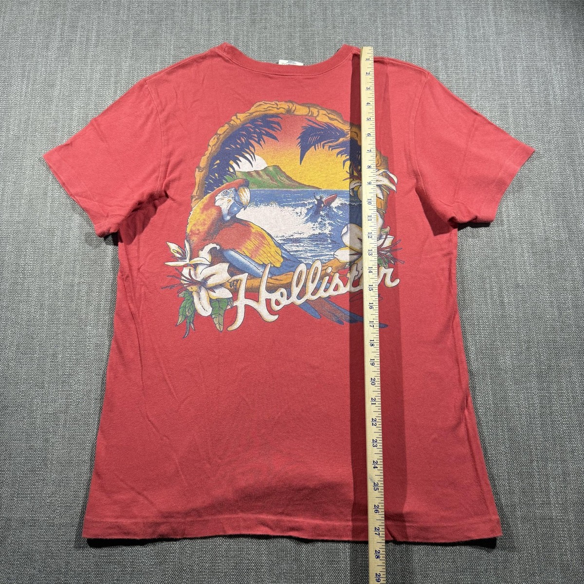 HAWAII 5C　Redオーバープリント Vintage Hollister Shirt Mens Large Red Hawaii Parrot Surf 90s