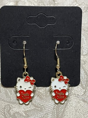 Hello Kitty Whimsical Heart Charm Gold Drop Dangle Adorable Fashion Earrings