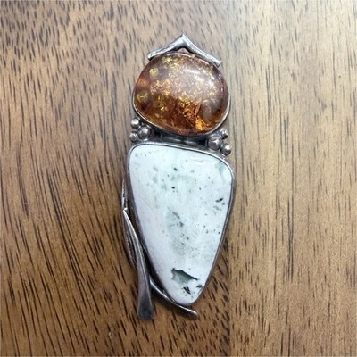 Sterling Silver 925 Signed Brown Baltic Amber and white opal pendant