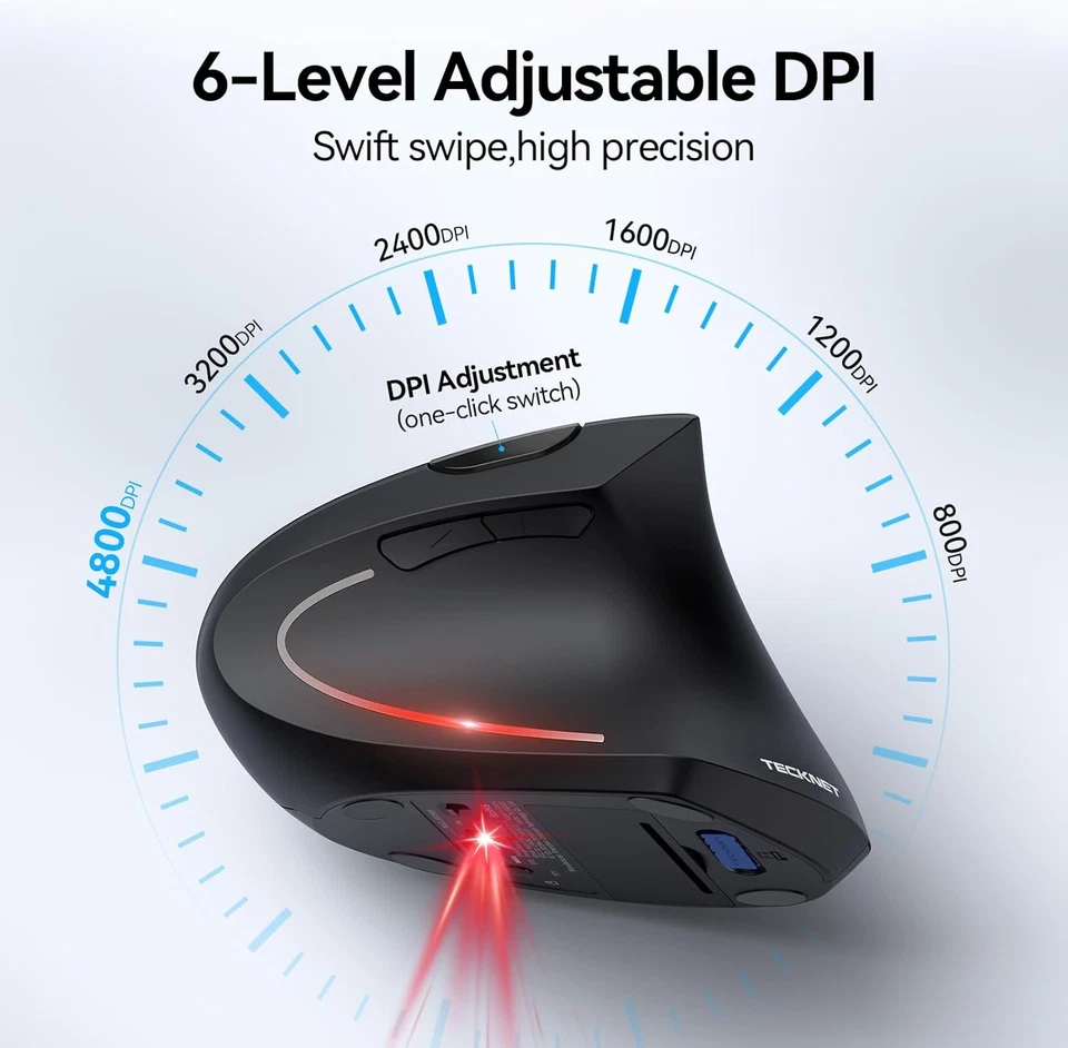 TECKNET Ergonomic Mouse, Wireless Bluetooth Vertical Mouse, 4800 DPI Optical Tra - Image 3 of 4
