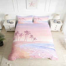 Girls Pink Beach Duvet Cover Set Full Size Kids Romantic Hawaii Ocean Style B...