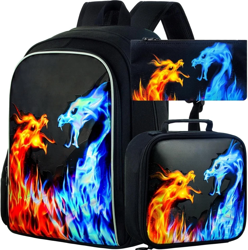 Mochila 3 PIEZAS para Niños, 16 Pulgadas Niños Rojo Azul Dragón de Fuego Resistente al Agua Pre... Foto 2 de 4