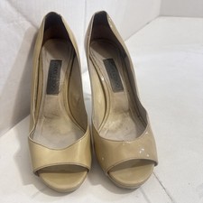 Jimmy Choo Beige Nude Patent Leather Designer Peep Toe Stiletto Heels Sz 39 8.5