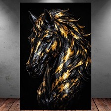 LEINWAND BILD ER XXL ABSTRAKT PFERD MUSTANG HENGST SCHWARZ GOLD WAND POSTER 2198