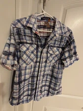 Men's Rock Revival Short Sleeve Shirt Red Plaid, Embroidered Logo, Large, EUC