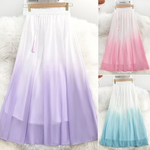 Women Gradient Color Chinese Hanfu Skirt Elastic Waist Chiffon Fairy Skirt S-2XL - Picture 2 of 16