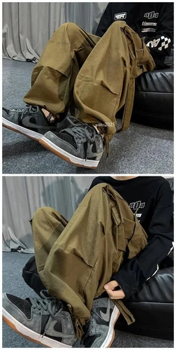 Mens Loose Wide Legs Overalls Casual Trousers Streets Baggy Cargo Pants Hip Hop - Bild 22 von 26