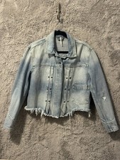 Boho-Free People Distressed Rugged Cropped Jean Jacket Size M/L -Denim Chic