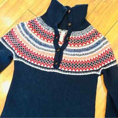 Lucky Brand fair isle sweater dress navy blue wood buttons cashmere blend small