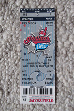 CLEVELAND INDIANS VS MINNESOTA TWINS 8/20/2003 FULL TICKET ~ RYAN LUDWICK HR
