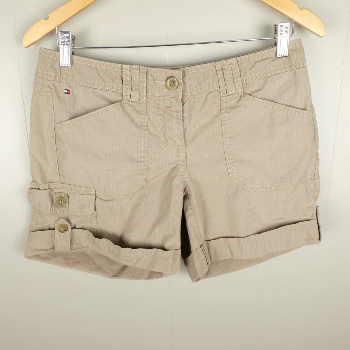 Tommy Hilfiger Cargo Shorts Womens 2 Tan Khaki Button Tab Outdoor