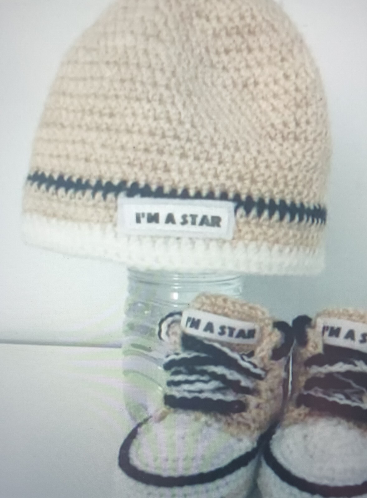 BABY CROCHET SHOES And HAT YOUR BABY'S NAME HANDMADE TRAINERS SNEAKERS BEIGE