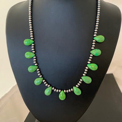 Green Mohave Turquoise Navajo Pearls Sterling Silver Necklace 1315