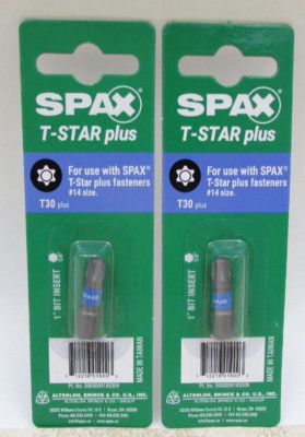 2 PACK SPAX  Torx T30 Plus 1'' Insert Drive Bit For T-Star Plus Fasteners #14