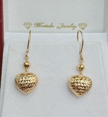 18k Solid Yellow Gold Heart Dangle Leverback Earrings, Diamond Cut  Grams