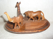 Giraffe Lion & Elephant African Wooden Carved Entry Table Nut Candy Dish Bowl