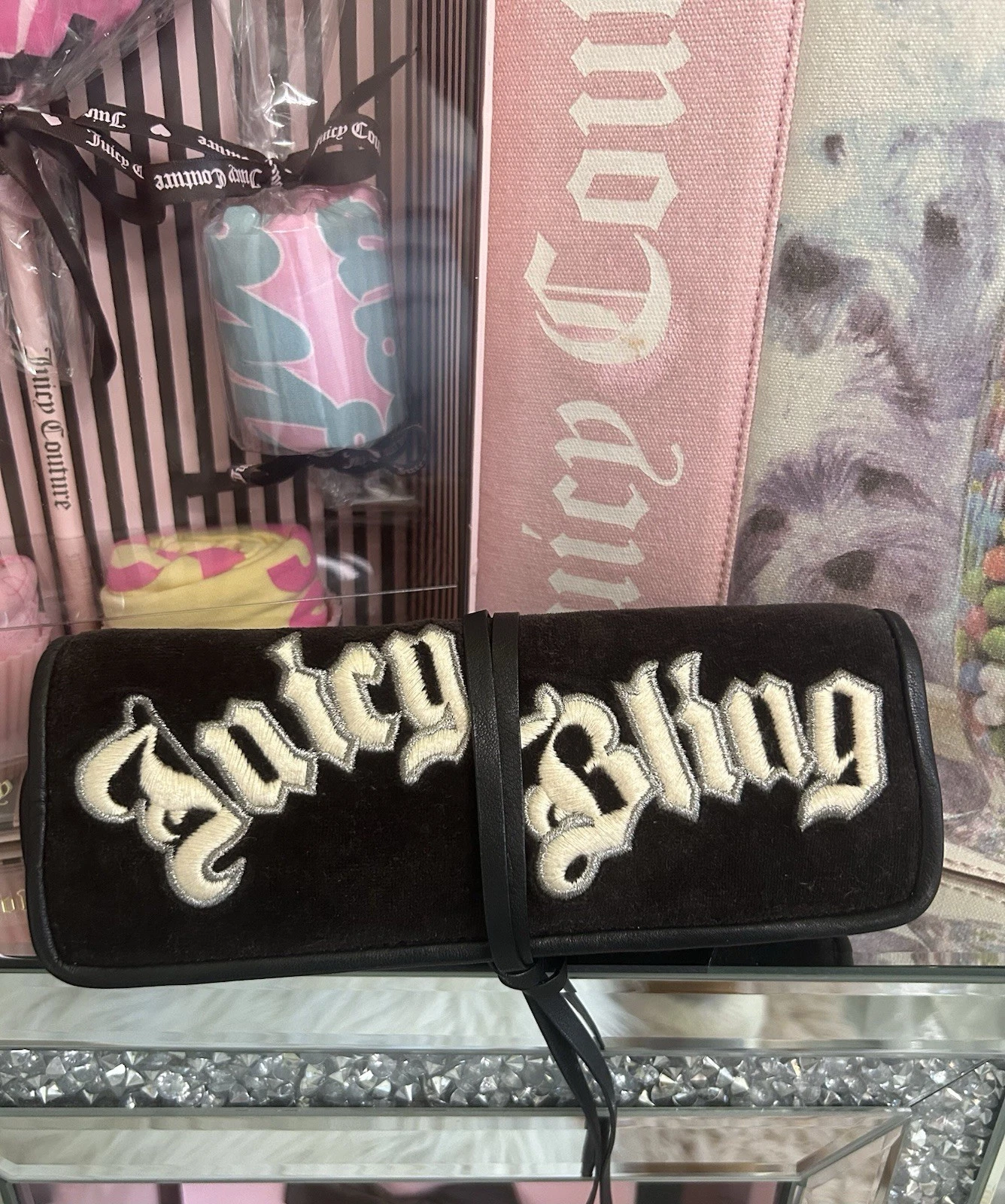 Y2K Vintage Juicy Couture Brown Cosmetic Organizer Jewelry Roll Bag JUICY BLING
