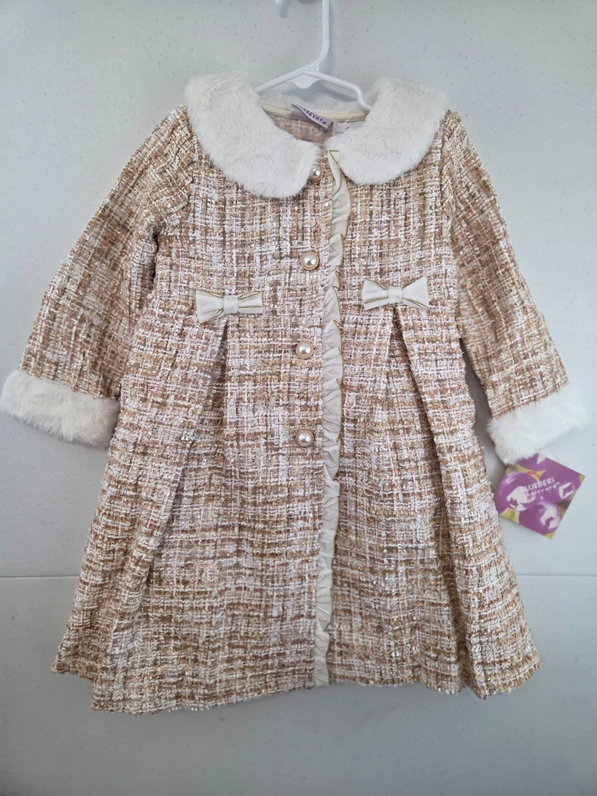 NWT Blueberi Boulevard Girls Dress Tweed Jacket 4T Gold Cream Sparkle Pageant